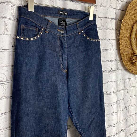 Bebe Studded Round Bottom Split Leg Flare Western Mid-Rise Cowgirl Jeans 30‎ - Picture 4 of 12